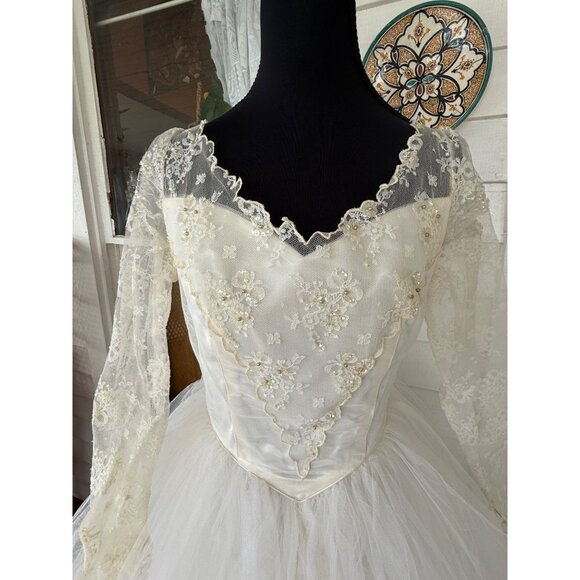 Vintage 50's Tulle Lace Tiered Cupcake Wedding Dress Beading Sequins Sz Small - Picture 8 of 16